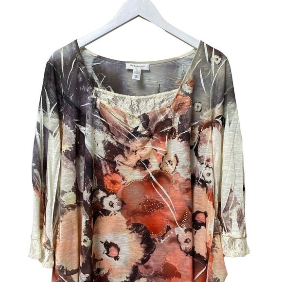 Style & Co, Womens Top Plus Size 2X Gray Red Floral 3/4 Sleeve Lace Trim - Picture 6 of 8